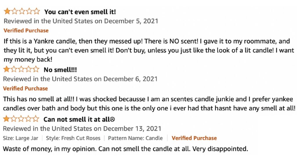 Les commentaires négatifs sur les bougies Yankee Candles. // Source : Nick Beauchamps & al. Les commentaires négatifs sur les bougies Yankee Candles. // Source : Nick Beauchamps & al.