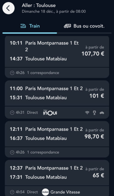 Un exemple de recherche dans l'app SNCF Connect, le 5 octobre 2022. // Source : Capture d'écran iOS Un exemple de recherche dans l'app SNCF Connect, le 5 octobre 2022. // Source : Capture d'écran iOS