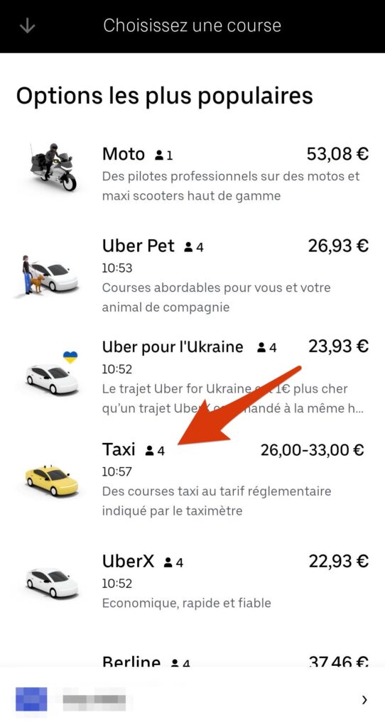 L'option pour commander un taxi avec l'app Uber // Source : Capture d'écran Numerama L'option pour commander un taxi avec l'app Uber // Source : Capture d'écran Numerama