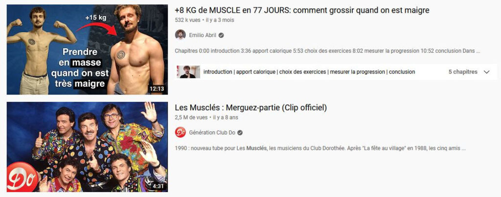Capture d'écran de ma recherche du mot "muscle" sur YouTube Capture d'écran de ma recherche du mot "muscle" sur YouTube