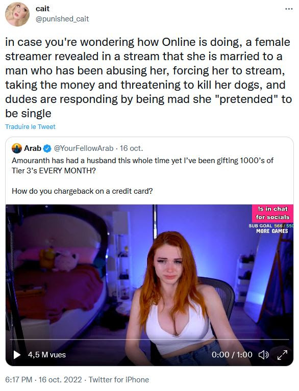 "Une streameuse a révélé qu'elle est mariée à un homme abusif, qui la force à streamer, qui lui prend son argent et la menace de tuer ses chiens, mais des mecs préfèrent s'énerver parce qu'elle n'est pas vraiment célibataire." "Une streameuse a révélé qu'elle est mariée à un homme abusif, qui la force à streamer, qui lui prend son argent et la menace de tuer ses chiens, mais des mecs préfèrent s'énerver parce qu'elle n'est pas vraiment célibataire."