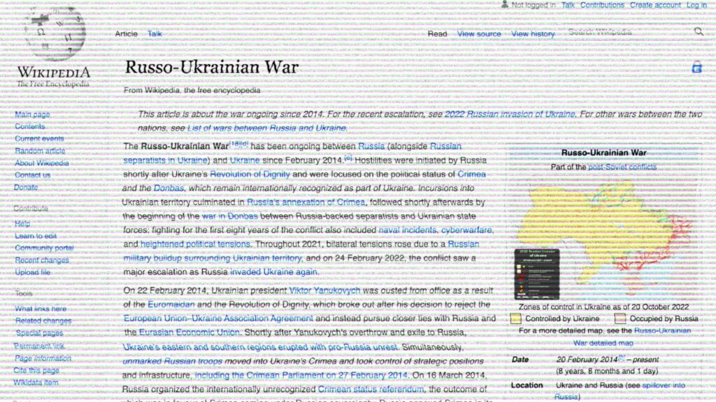 La page sur le conflit entre l'Ukraine et la Russie sur la version anglophone de Wikipedia // Source : Wikipedia / Montage Numerama