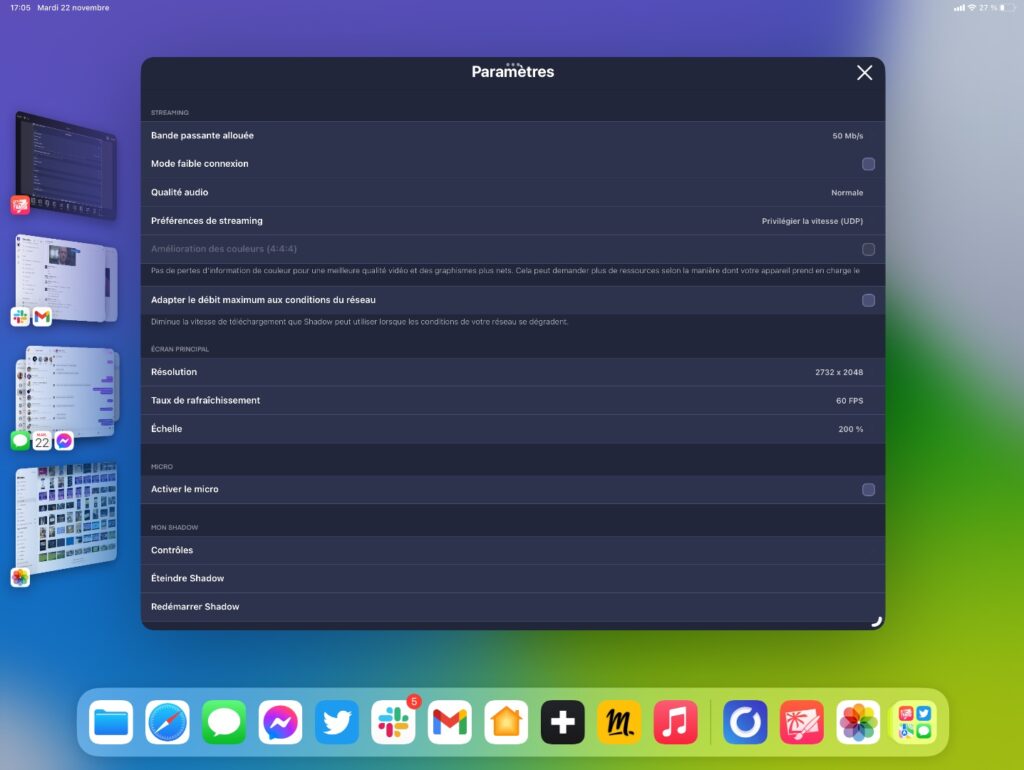 Les réglages de Shadow sur iPadOS. L’émulation Windows peut fonctionner sous la forme d’une fenêtre, pour utiliser les deux OS en même temps. // Source : Capture Numerama Les réglages de Shadow sur iPadOS. L’émulation Windows peut fonctionner sous la forme d’une fenêtre, pour utiliser les deux OS en même temps. // Source : Capture Numerama