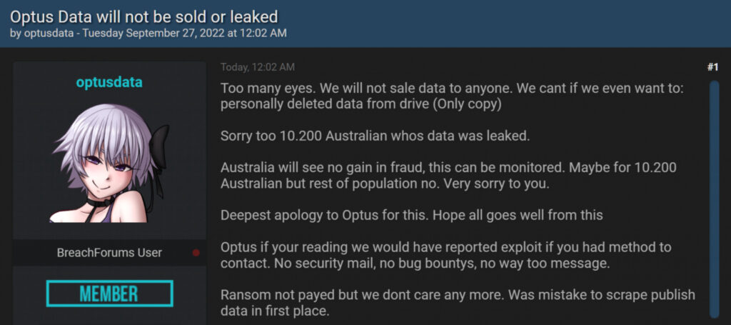 Étonnant revirement de la part des hackers qui décident de ne pas diffuser les données d'Optus. // Source : Numerama Étonnant revirement de la part des hackers qui décident de ne pas diffuser les données d'Optus. // Source : Numerama