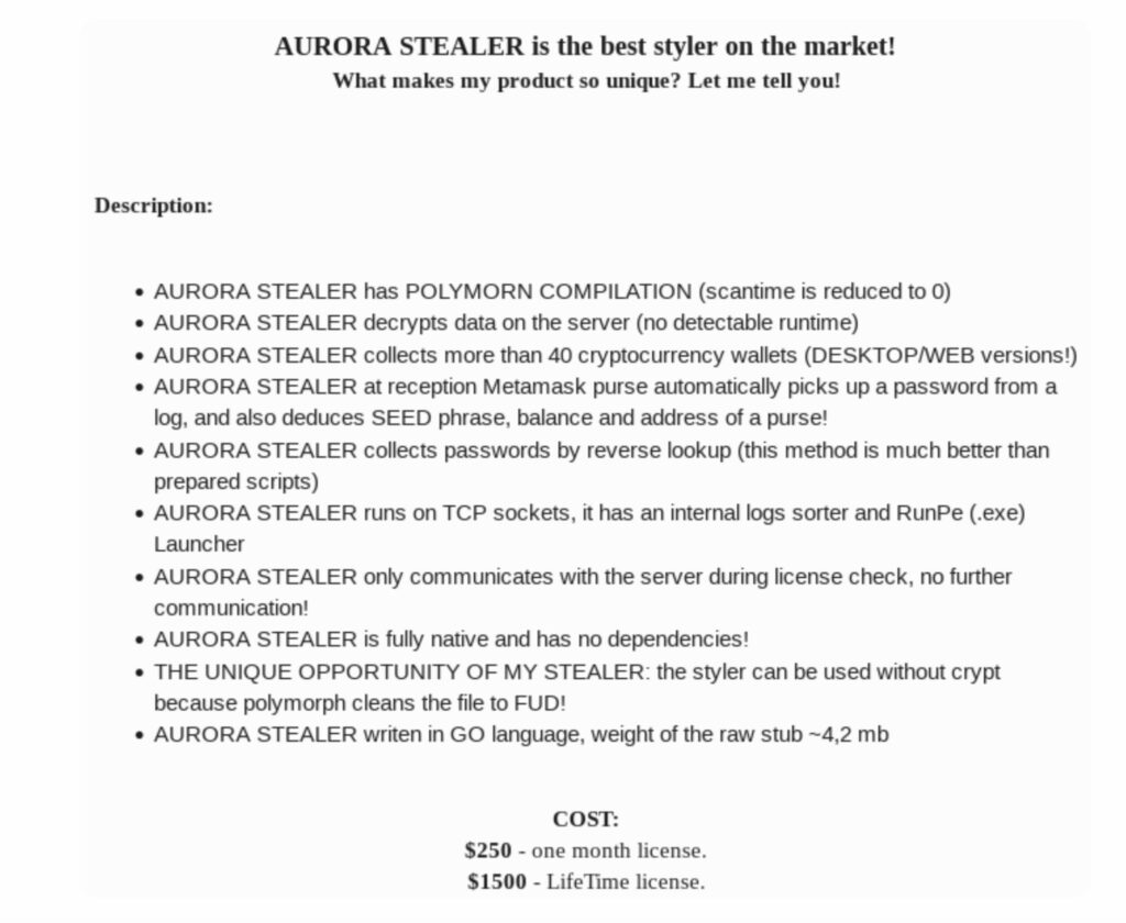 La fiche produit d'Aurora sur un forum fréquenté par les cybercriminels. // Source : Sekoia La fiche produit d'Aurora sur un forum fréquenté par les cybercriminels. // Source : Sekoia