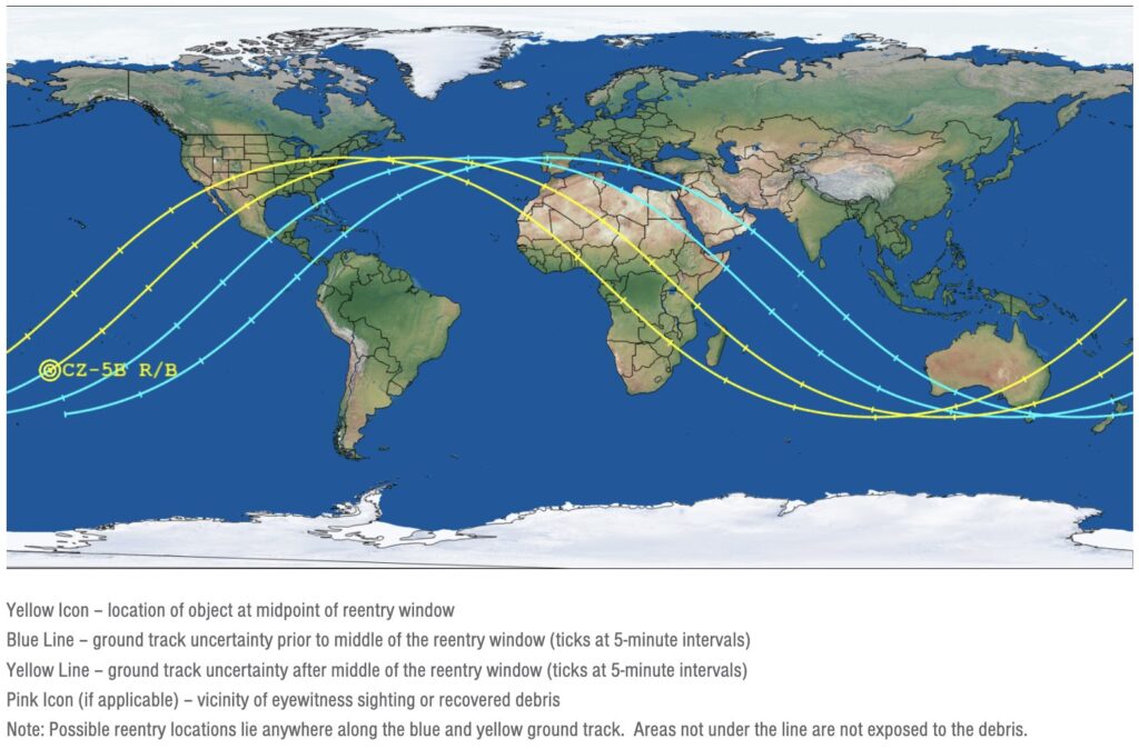 La rentrée de la fusée devrait se faire sur l'une de ces pistes. // Source : Via Twitter @AerospaceCorp La rentrée de la fusée devrait se faire sur l'une de ces pistes. // Source : Via Twitter @AerospaceCorp