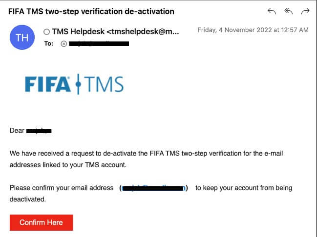 Un mail frauduleux usurpant la FIFA pour alerter l'internaute d'une possible connexion. // Source : Trellix Un mail frauduleux usurpant la FIFA pour alerter l'internaute d'une possible connexion. // Source : Trellix