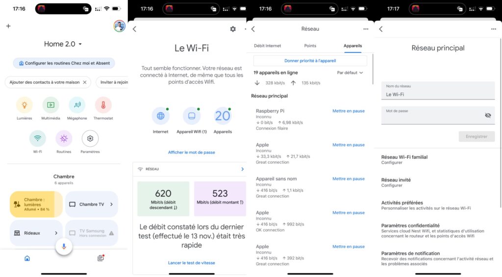 L'interface de l'application Google Home, où l'on trouve les réglages du routeur Nest. // Source : Numerama L'interface de l'application Google Home, où l'on trouve les réglages du routeur Nest. // Source : Numerama