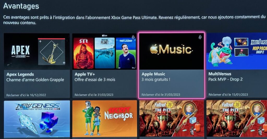 Apple Music et Apple TV+ offerts dans le Xbox Game Pass // Source : Maxime Claudel pour Numerama Apple Music et Apple TV+ offerts dans le Xbox Game Pass // Source : Maxime Claudel pour Numerama