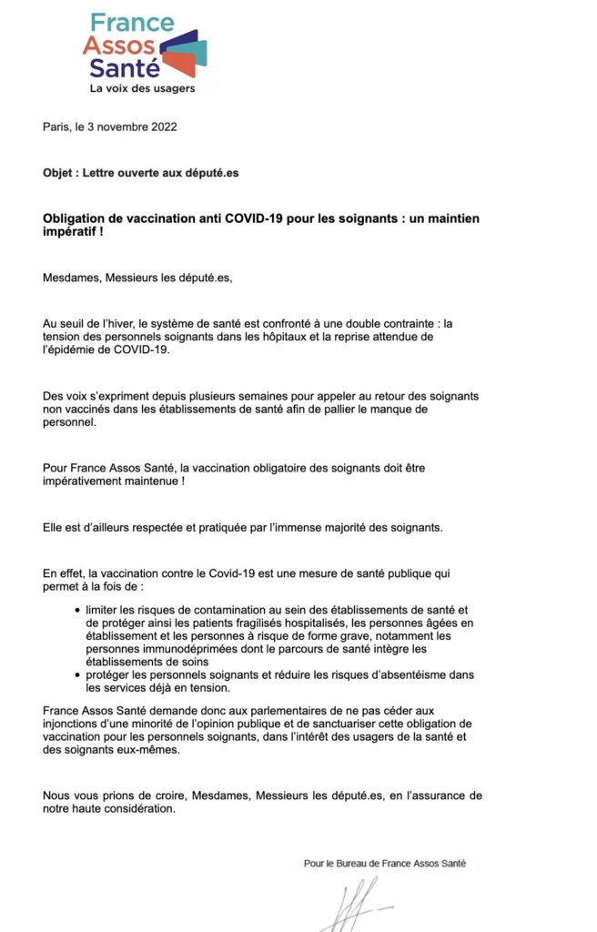 Lettre ouverte datant du 3 novembre 2022 // Source : France Assos Santé Lettre ouverte datant du 3 novembre 2022 // Source : France Assos Santé