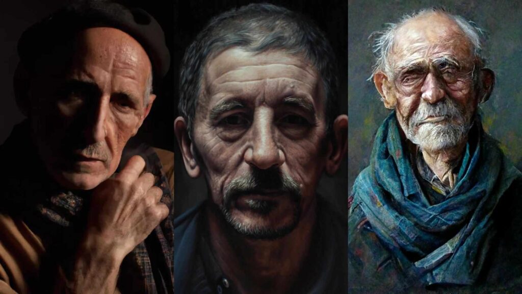 Quel portrait a été fait par un artiste humain ? // Source : Montage Numerama / Midjourney / Dall E / Vic Harris Quel portrait a été fait par un artiste humain ? // Source : Montage Numerama / Midjourney / Dall E / Vic Harris