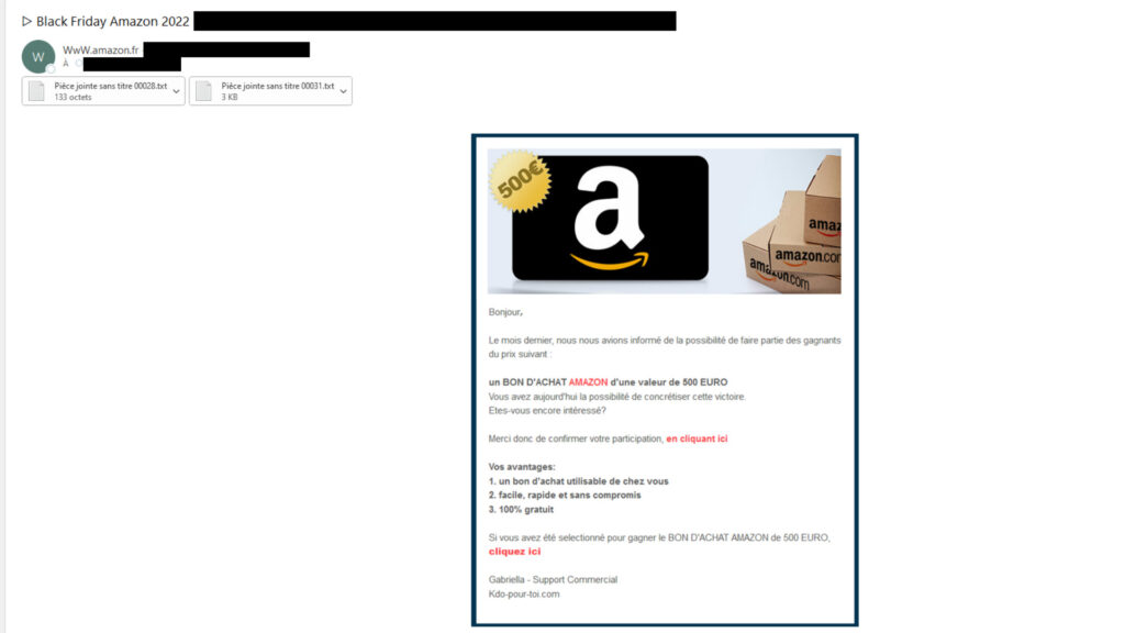 Non, Amazon ne fait pas des bons d'achats à 500 euros. // Source : Vade Non, Amazon ne fait pas des bons d'achats à 500 euros. // Source : Vade