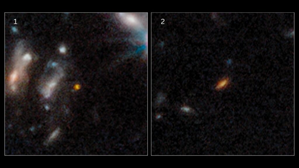 Celle de gauche est la plus éloignée des deux galaxies. // Source : Via Twitter @NasaWebb Celle de gauche est la plus éloignée des deux galaxies. // Source : Via Twitter @NasaWebb