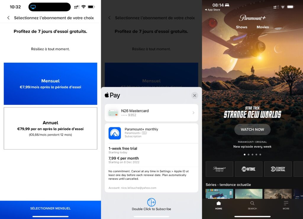 Sur smartphone, Paramount+ facilite l’inscription grâce aux paiements intégrés de l’App Store et du Play Store. // Source : Captures Numerama Sur smartphone, Paramount+ facilite l’inscription grâce aux paiements intégrés de l’App Store et du Play Store. // Source : Captures Numerama