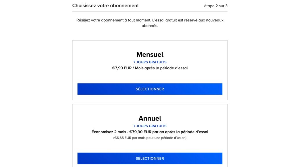 Sur son site, Paramount+ permet de choisir entre deux offres. L’inscription se fait en 3 étapes. // Source : Site Paramount+ Sur son site, Paramount+ permet de choisir entre deux offres. L’inscription se fait en 3 étapes. // Source : Site Paramount+