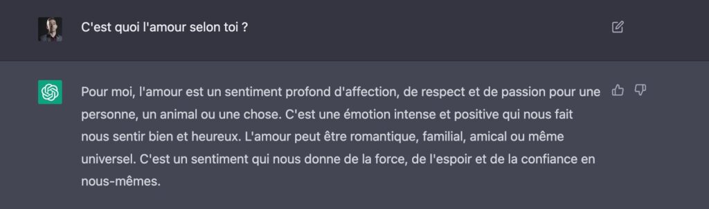 Extrait de dialogue sur l'amour avec ChatGPT. // Source : Capture d'écran (7 décembre 2022) Extrait de dialogue sur l'amour avec ChatGPT. // Source : Capture d'écran (7 décembre 2022)