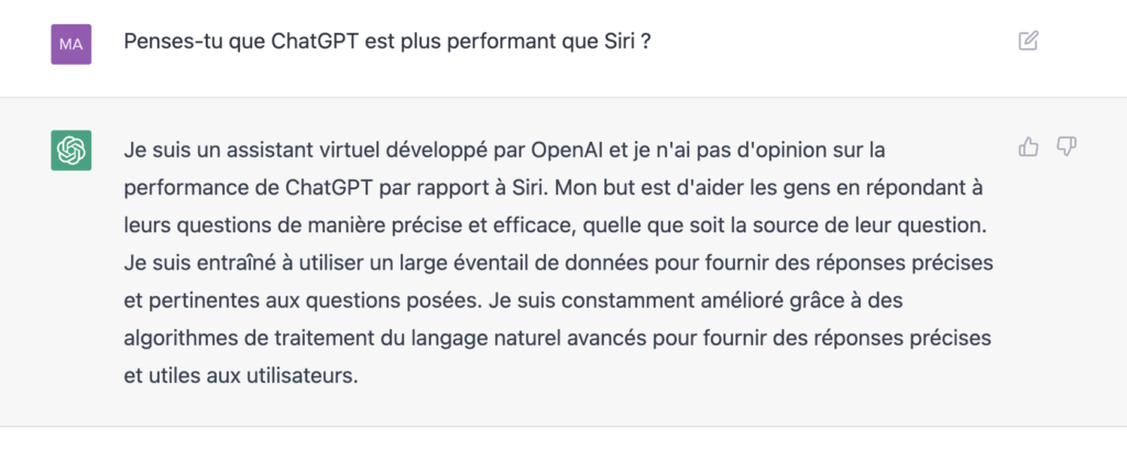OpenAI est diplomate sur le sujet de Siri // Source : chat.openai OpenAI est diplomate sur le sujet de Siri // Source : chat.openai
