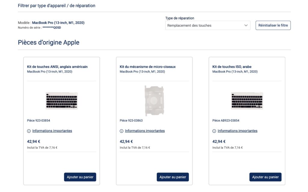 Sur le Self Service Repair Store, on trouve de quoi changer le clavier d'un Mac. Pratique pour passer d'un QWERTY à un AZERTY. // Source : Capture Numerama Sur le Self Service Repair Store, on trouve de quoi changer le clavier d'un Mac. Pratique pour passer d'un QWERTY à un AZERTY. // Source : Capture Numerama
