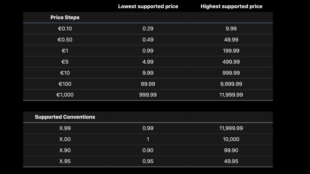 La nouvelle grille des prix de l'App Store en euros. // Source : Image Apple La nouvelle grille des prix de l'App Store en euros. // Source : Image Apple
