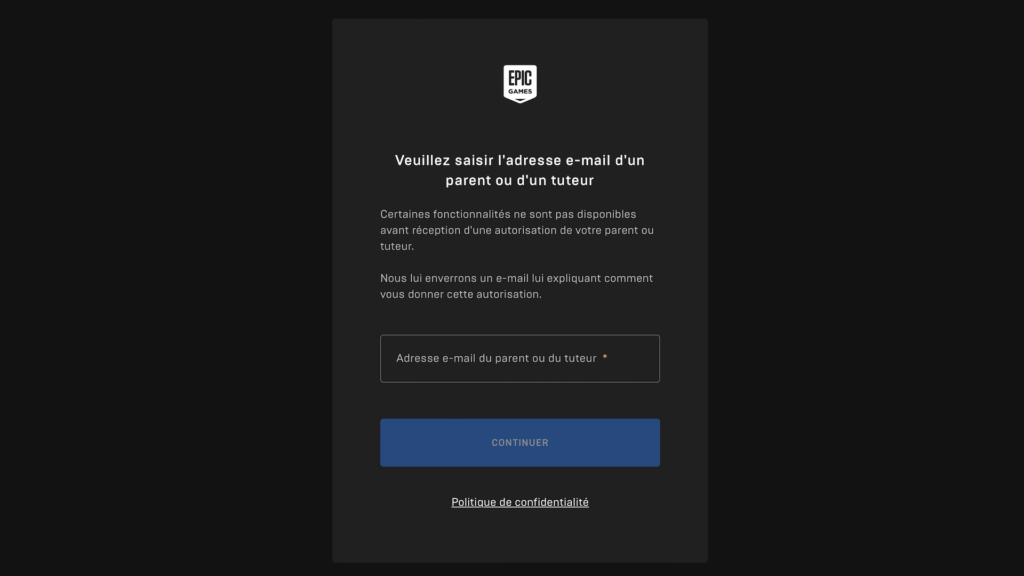 Création d'un compte Epic Games pour enfant // Source : Capture d'écran Création d'un compte Epic Games pour enfant // Source : Capture d'écran