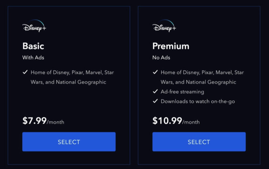 Les nouvelles formules américaines de Disney+ depuis le 9 décembre 2022. // Source : Capture Disney