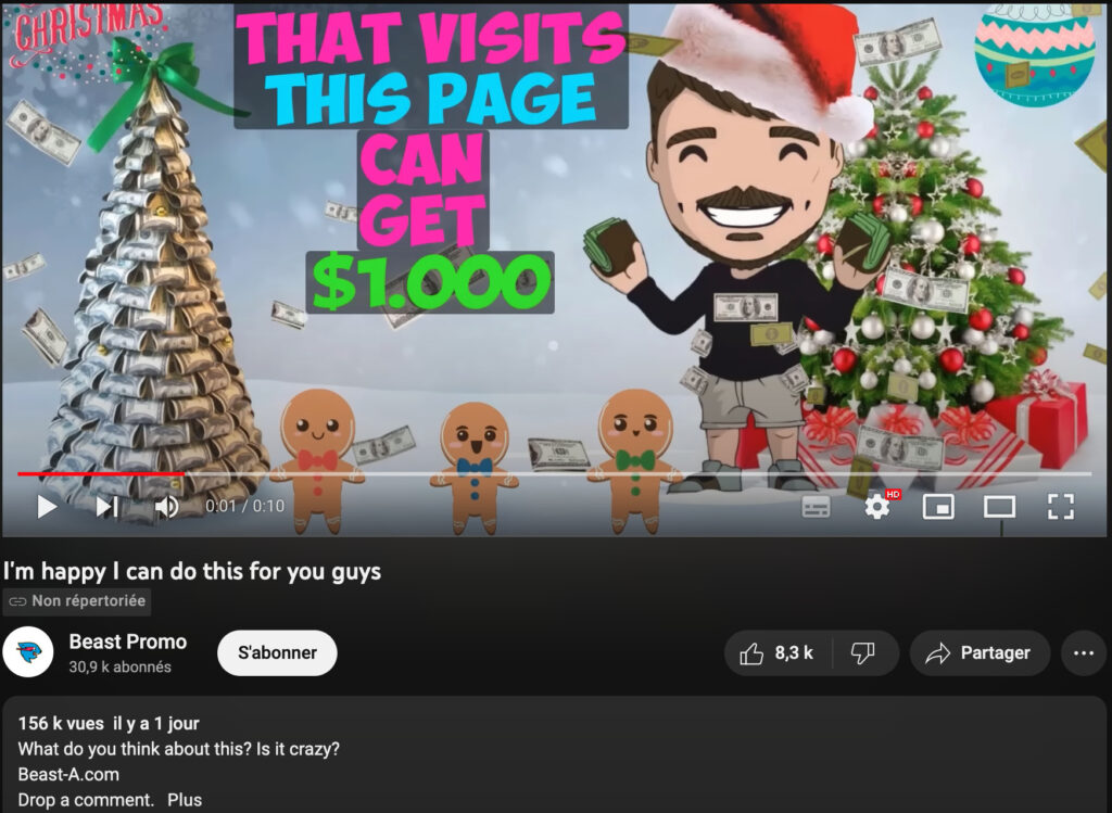Une arnaque mettant en avant des promotions sur produits offertes par MrBeast, un célèbre youtubeur. // Source : Numerama Une arnaque mettant en avant des promotions sur produits offertes par MrBeast, un célèbre youtubeur. // Source : Numerama
