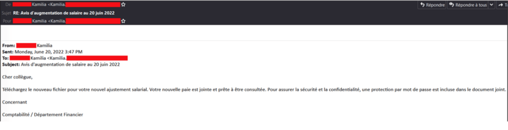 Un mail usurpant l'identité du service RH. // Source : Vade Un mail usurpant l'identité du service RH. // Source : Vade
