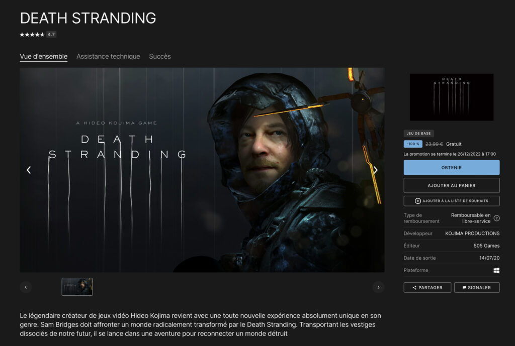 Death Stranding est gratuit sur l'Epic Games Store. // Source : Capture Numerama Death Stranding est gratuit sur l'Epic Games Store. // Source : Capture Numerama