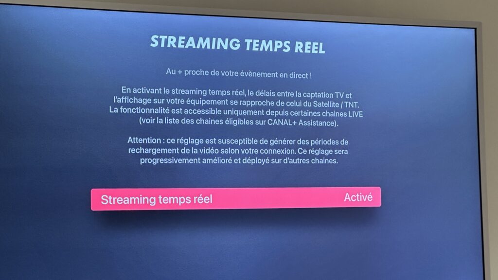 Le streaming temps réel dans les réglages de myCANAL, sur tvOS. // Source : Numerama Le streaming temps réel dans les réglages de myCANAL, sur tvOS. // Source : Numerama