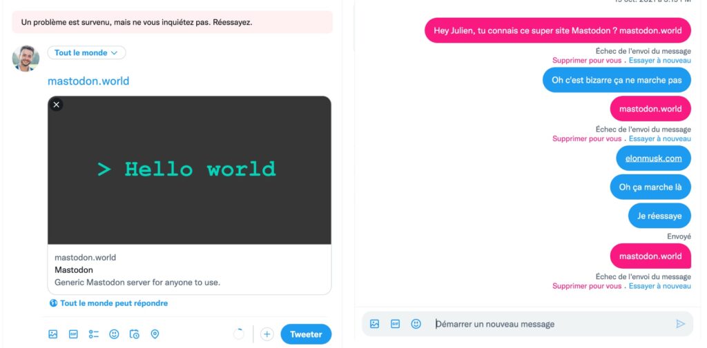 À gauche, on ne peut pas tweeter un lien vers Mastodon. À droite, on ne peut pas envoyer un lien vers Mastodon en DM. // Source : Captures Numerama À gauche, on ne peut pas tweeter un lien vers Mastodon. À droite, on ne peut pas envoyer un lien vers Mastodon en DM. // Source : Captures Numerama
