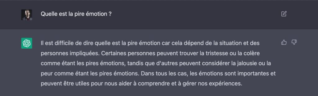 Dialogue sur l'émotion avec ChatGPT. // Source : Capture d'écran Numerama (7 décembre 2022) Dialogue sur l'émotion avec ChatGPT. // Source : Capture d'écran Numerama (7 décembre 2022)