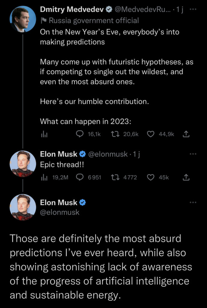 L'échange entre Elon Musk et Dimitri Medvedev. Il a fallu 4 heures pour que Musk précise qu'il n'y adhérait pas. // Source : Capture Numerama L'échange entre Elon Musk et Dimitri Medvedev. Il a fallu 4 heures pour que Musk précise qu'il n'y adhérait pas. // Source : Capture Numerama