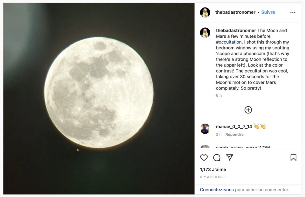 Quelques minutes avant l'occultation. // Source : Via Instagram @thebadastronomer Quelques minutes avant l'occultation. // Source : Via Instagram @thebadastronomer