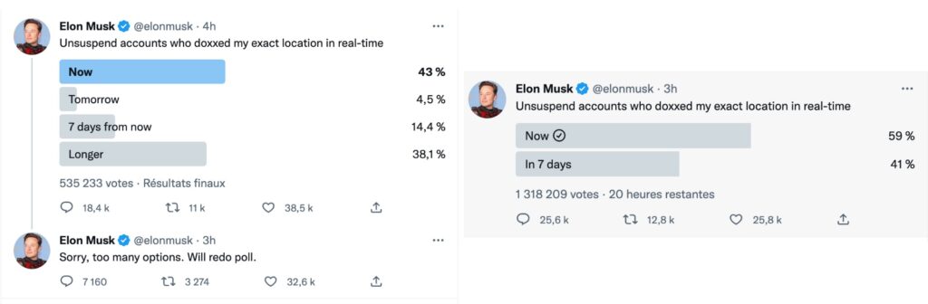 Les deux sondages publiés par Elon Musk, dont il ignore les résultats pour une fois. // Source : Capture Numerama Les deux sondages publiés par Elon Musk, dont il ignore les résultats pour une fois. // Source : Capture Numerama