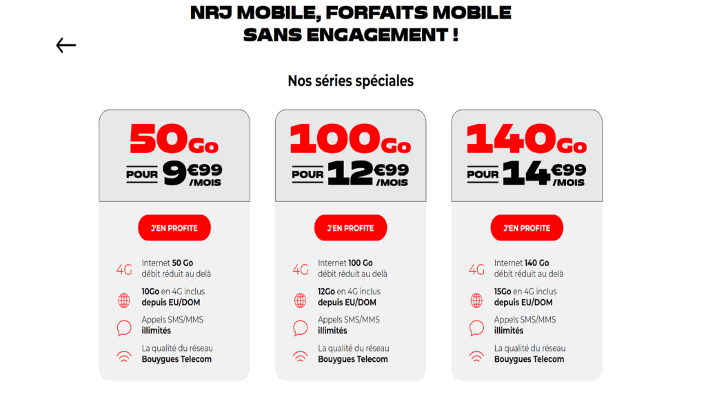 Les différents forfaits proposé par NRJ Mobile // Source : NRJ Mobile Les différents forfaits proposé par NRJ Mobile // Source : NRJ Mobile