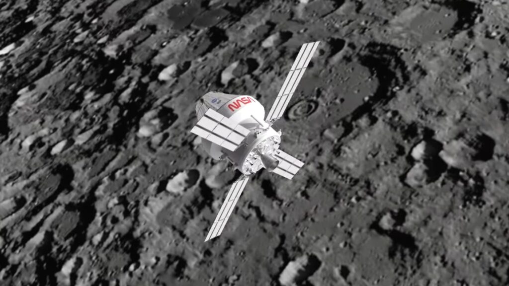 Survol de la Lune par Orion, vue d'artiste. // Source : Capture d'écran YouTube ESA Survol de la Lune par Orion, vue d'artiste. // Source : Capture d'écran YouTube ESA