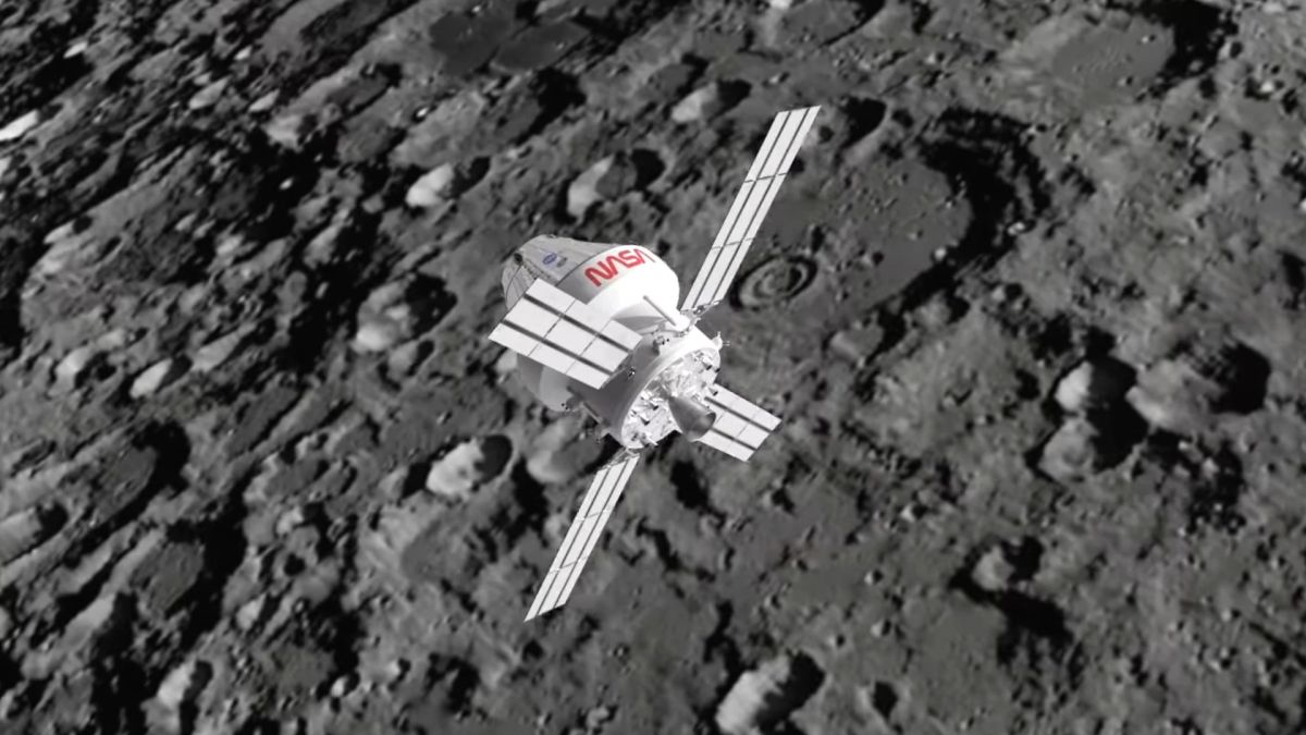 Survol de la Lune par Orion, vue d'artiste. // Source : Capture d'écran YouTube ESA Survol de la Lune par Orion, vue d'artiste. // Source : Capture d'écran YouTube ESA