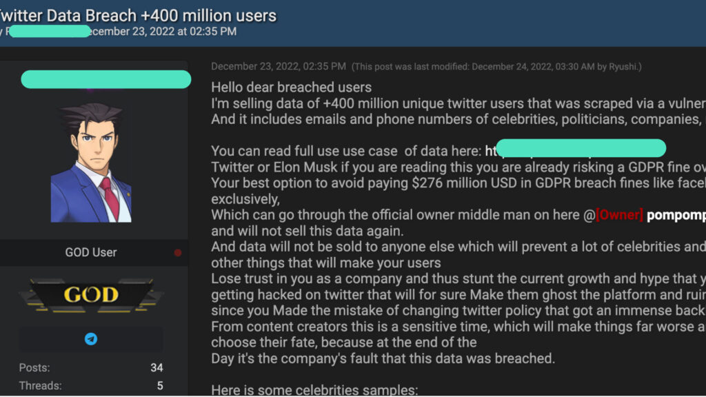 Le post du pirate revendiquant la fuite de 400 millions de compte Twitter. // Source : Numerama