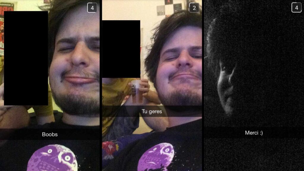 Des captures d'écran de messages Snapchat de Victor, reçus par plusieurs victimes // Source : Numerama