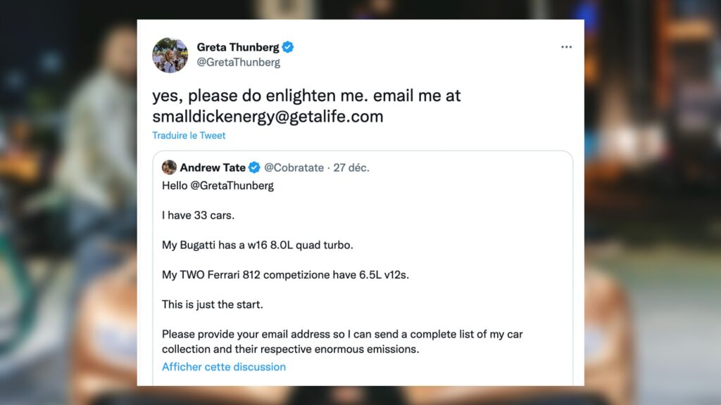 L'échange entre Andrew Tate et Greta Thunberg, sur Twitter. // Source : Capture d'écran L'échange entre Andrew Tate et Greta Thunberg, sur Twitter. // Source : Capture d'écran