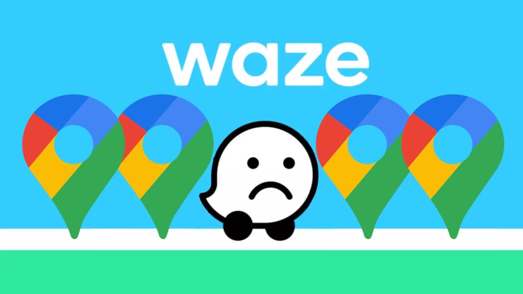 Le logo de Waze (triste), encerclé par celui de Google Maps. Le logo de Waze (triste), encerclé par celui de Google Maps.