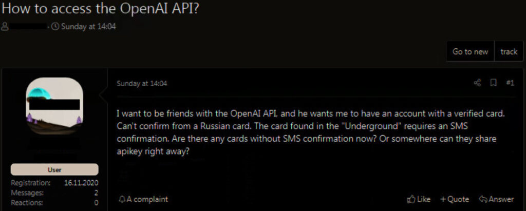 Un membre d'un forum de pirates demande à contourner les sanctioons sur OpenAI en Russie. // Source : Checkpoint Un membre d'un forum de pirates demande à contourner les sanctioons sur OpenAI en Russie. // Source : Checkpoint