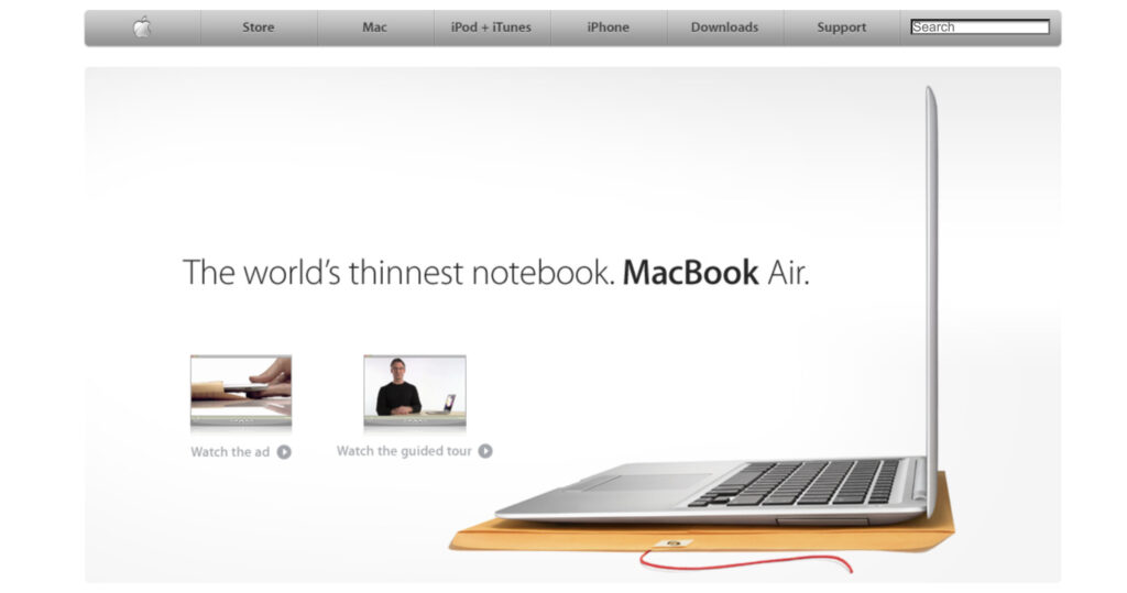 Le site d'Apple en janvier 2008. On peut voir la trappe où se cachent l // Source : Capture Numerama Le site d'Apple en janvier 2008. On peut voir la trappe où se cachent l // Source : Capture Numerama