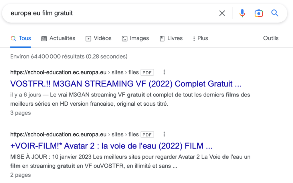 Une recherche avec le nom de domaine affiche un lien frauduleux. // Source : Numerama Une recherche avec le nom de domaine affiche un lien frauduleux. // Source : Numerama