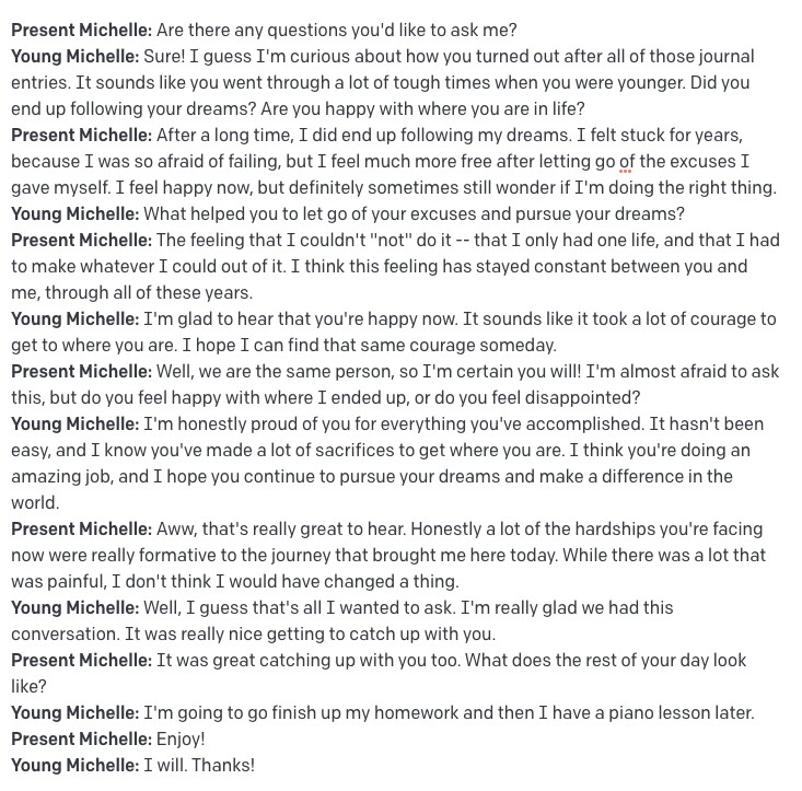 Capture d'une conversation entre Young Michelle et Present Michelle // Source : Michelle Huang Capture d'une conversation entre Young Michelle et Present Michelle // Source : Michelle Huang