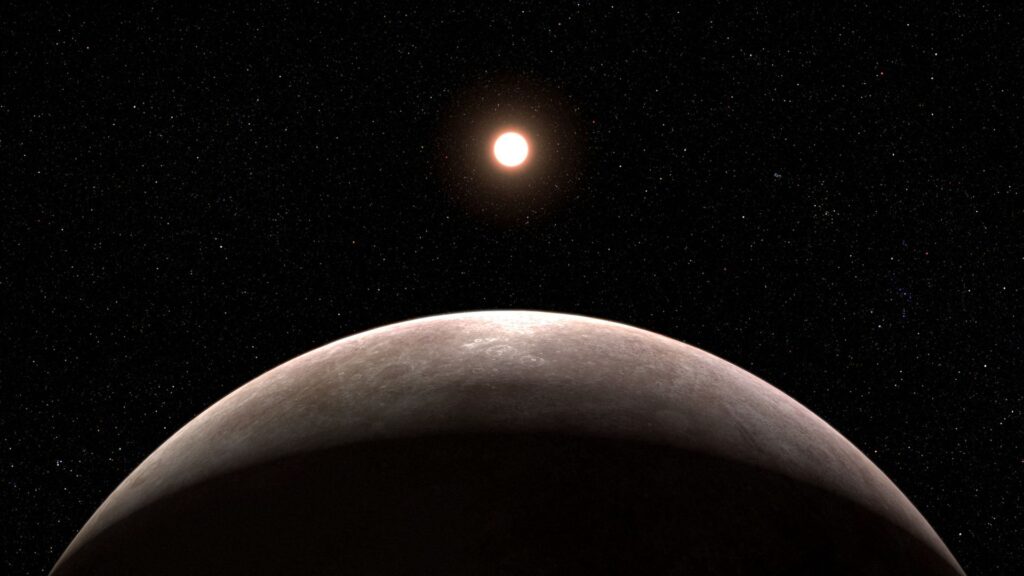 Vue d'artiste de LHS 475 b et de son étoile. // Source : NASA, ESA, CSA, L. Hustak (STScI) Vue d'artiste de LHS 475 b et de son étoile. // Source : NASA, ESA, CSA, L. Hustak (STScI)