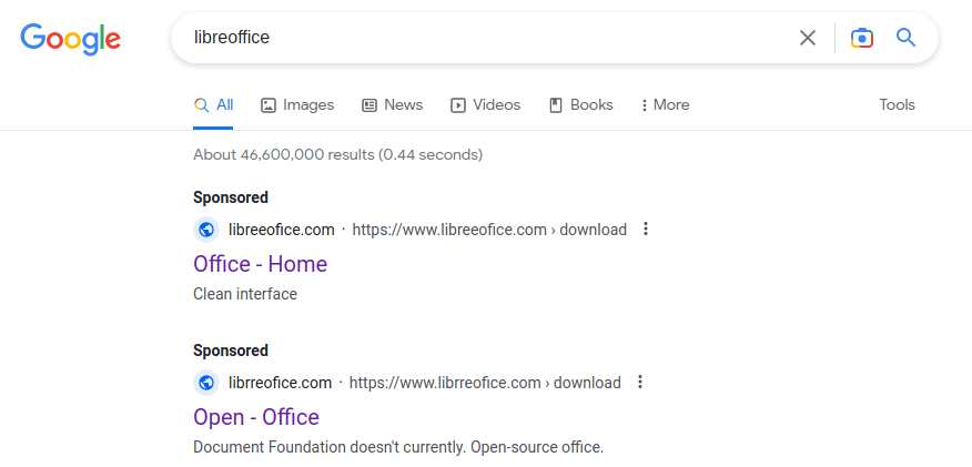 Un site clone du logiciel gratuit de traitement de texte LibreOffice // Source : MalwareHunterTeam Un site clone du logiciel gratuit de traitement de texte LibreOffice // Source : MalwareHunterTeam