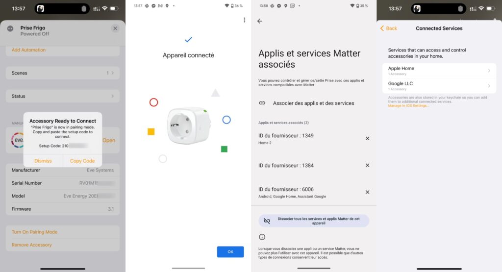 Grâce à Apple Home, on a pu ajouter la prise dans Google Home. La magie de Matter. // Source : Numerama Grâce à Apple Home, on a pu ajouter la prise dans Google Home. La magie de Matter. // Source : Numerama