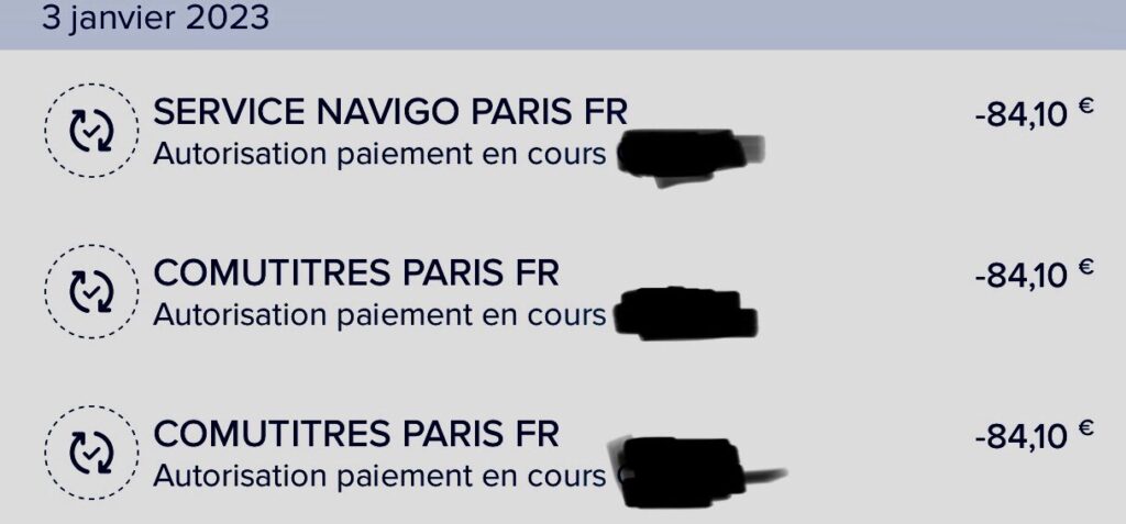 Les débits multiples constatés par une usagère de l'app. // Source : Capture d'écran transmise à Numerama Les débits multiples constatés par une usagère de l'app. // Source : Capture d'écran transmise à Numerama