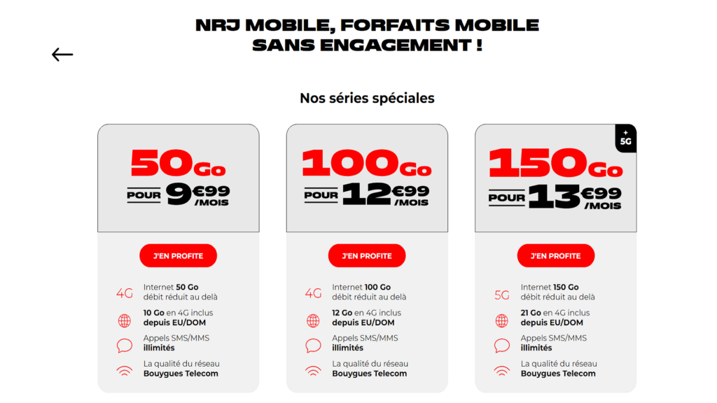 Les différents forfaits proposé par NRJ Mobile // Source : NRJ Mobile Les différents forfaits proposé par NRJ Mobile // Source : NRJ Mobile